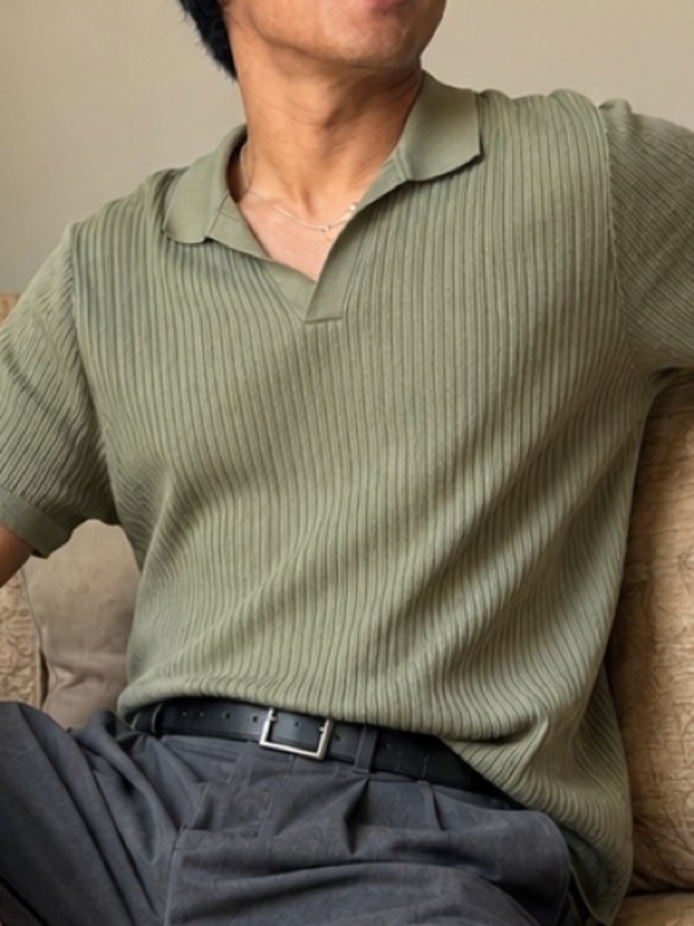 Express Men's Sage Green Ribbed Cotton Johnny Collar Sweater Polo Short Sleeve L